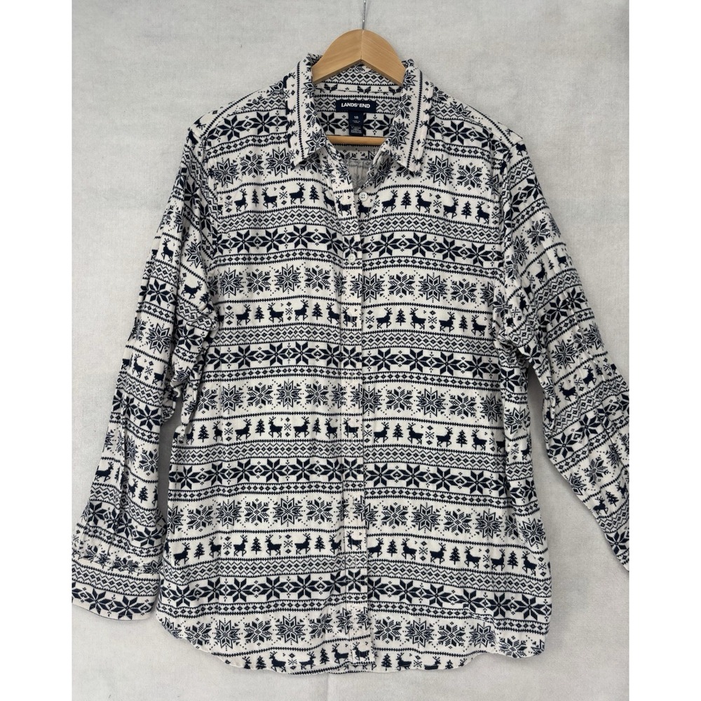 Lands End Women Size 18 Fair Isle Flannel Button Up Shirt Reindeer Snowflake